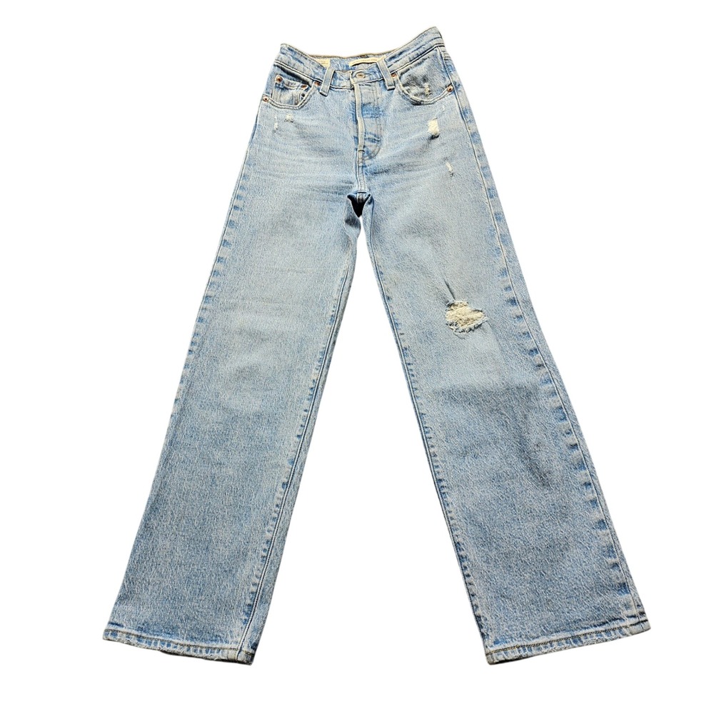 Levis Ribcage Straight Ankle Jeans Womens 23 Light Blue Denim Distressed 5375